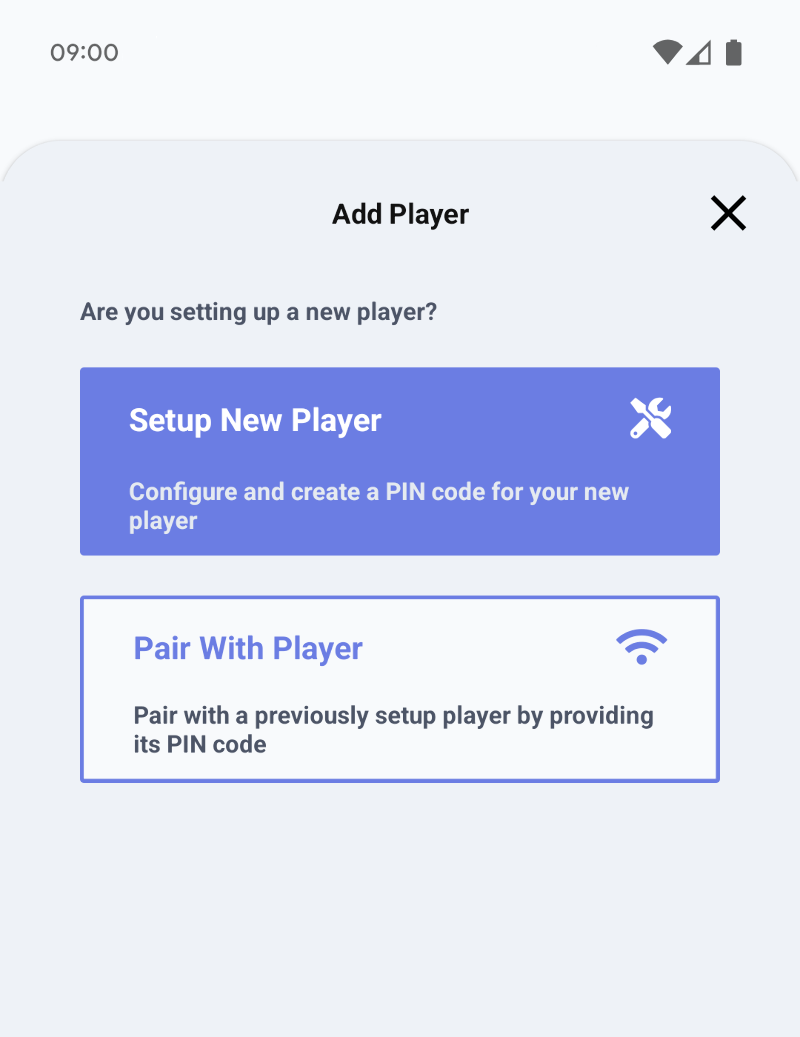 Application screenshot showing an "Add Player" page with two buttons labelled "Setup new Player" and "Pair with Player"