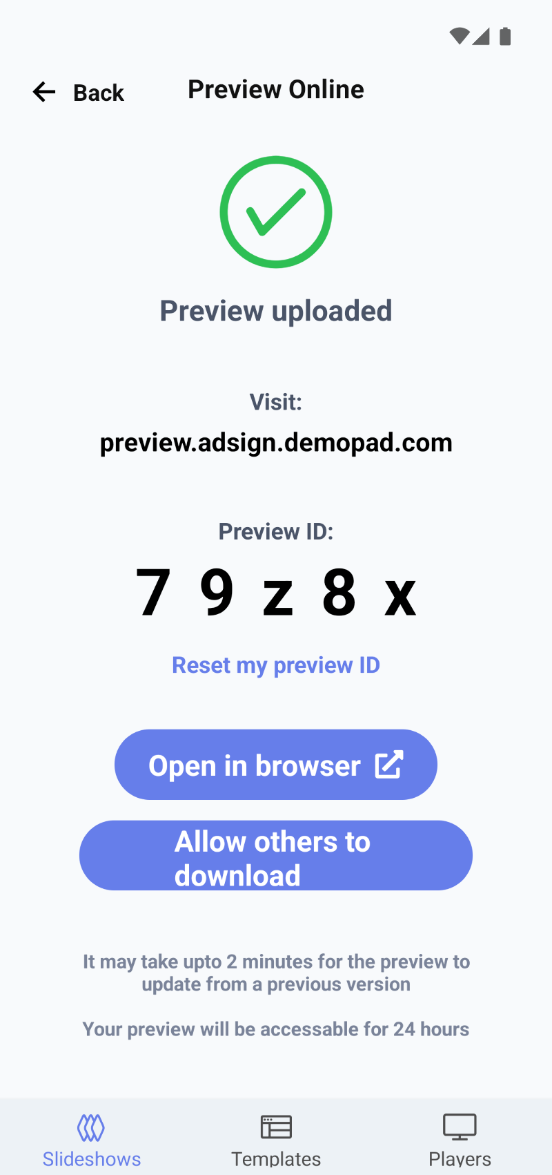 Smartphone app screenshot showing a page titled "Preview Online", showing a 5-digit code and a webpage link