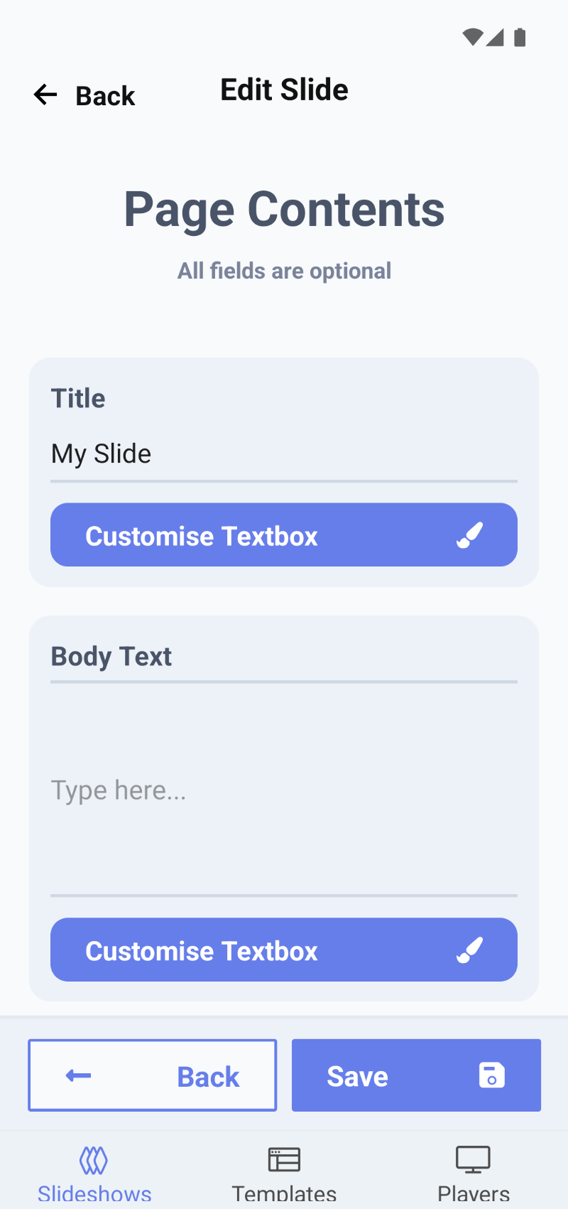 Application screenshot showing text inputs with buttons for customising text formatting