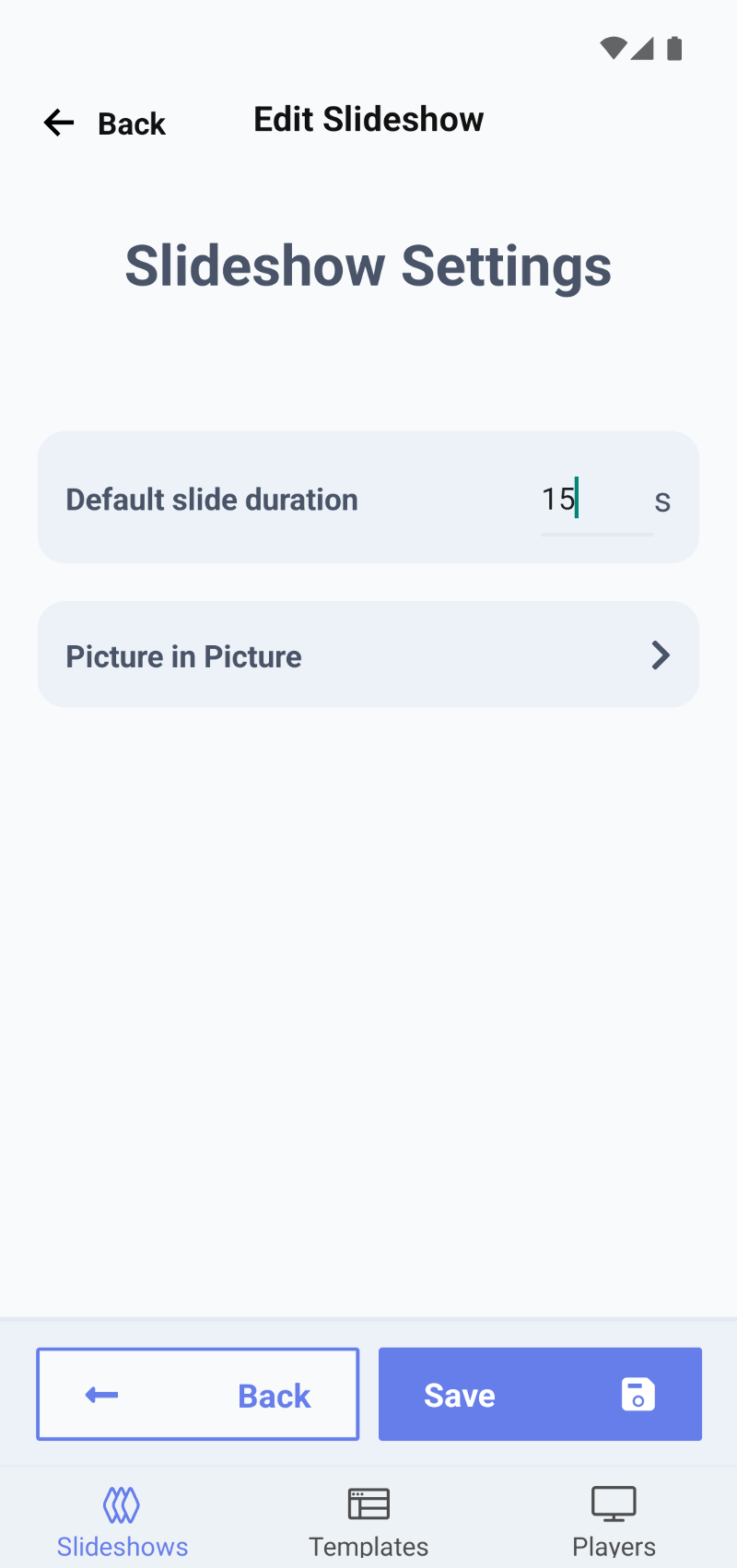 Application screenshot showing a "Slideshow Settings" page with a number input labelled "Slide duration"