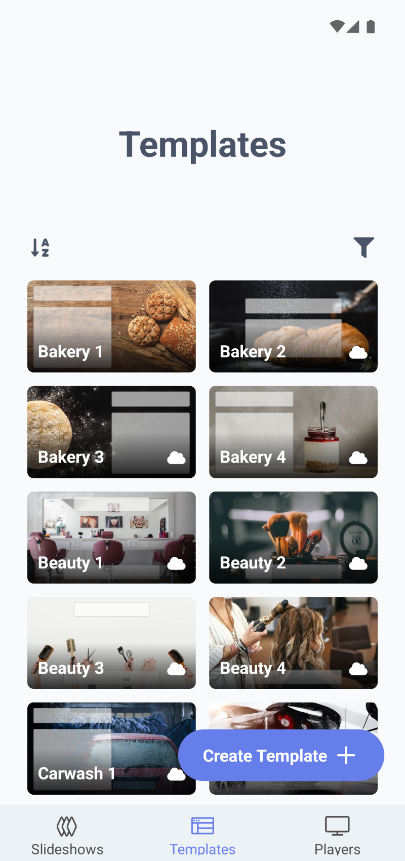 Smartphone app screenshot showing a page titled Templates, containing a grid of photos