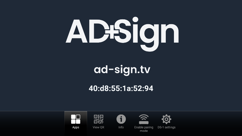 Application screenshot showing the AD+Sign logo with a navigation menu spanning the bottom of the screen