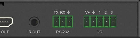 A close up photo of the IR, RS-232 and i/o ports of a DS-2 signage player