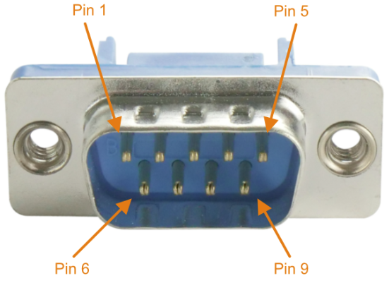 A close up photo of a DE-9M RS-232 Connector