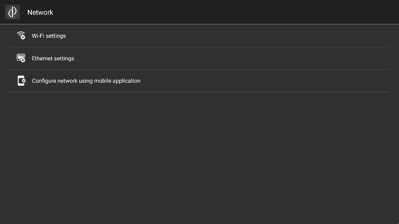 Application screenshot showing a list of navigable options - "WiFi Settings", "Ethernet Settings", and "Configure network using mobile application"