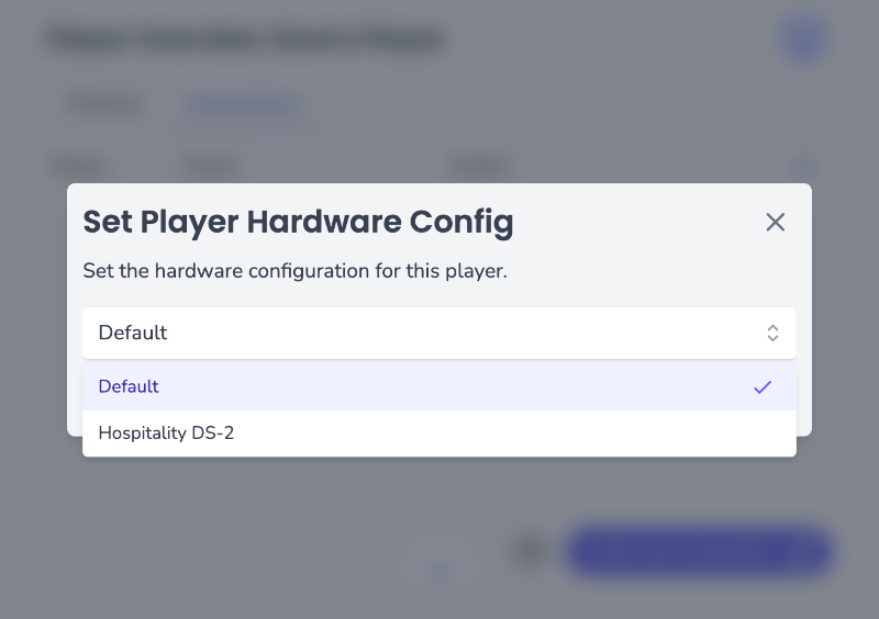 Application screenshot showing an open dialog box with a dropdown option labelled Hardware Config