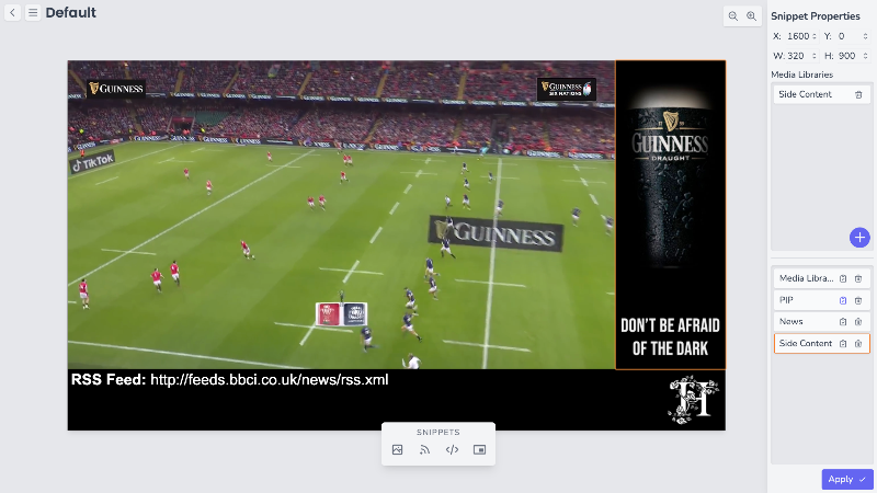 A desktop app screenshot showing a canvas containing a rugby match and an advert for beer