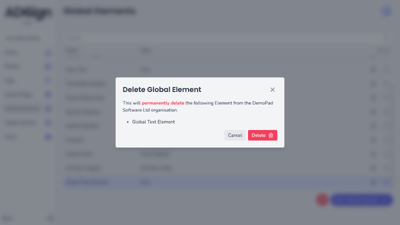 Application screenshot with an open modal showing a list of Elements to be deleted