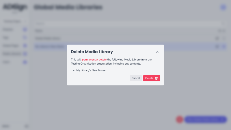 Application screenshot with an open modal showing a list of Media Libraries to be deleted