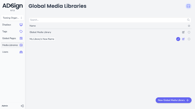 Application screenshot with a list of Media Libraries, one with a text input field and a checkmark button