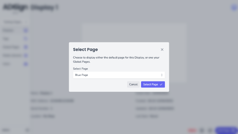 Application screenshot with an open modal with a select input of pages to apply