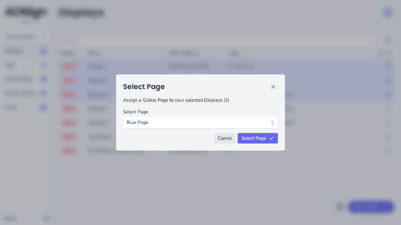 Application screenshot with an open modal with a select input of pages to apply