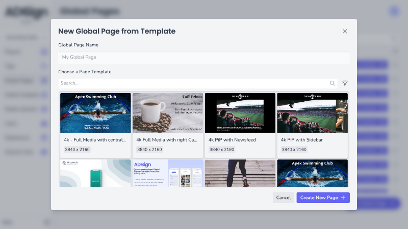 Application screenshot with an open modal showing a grid of page thumbnails with a search bar