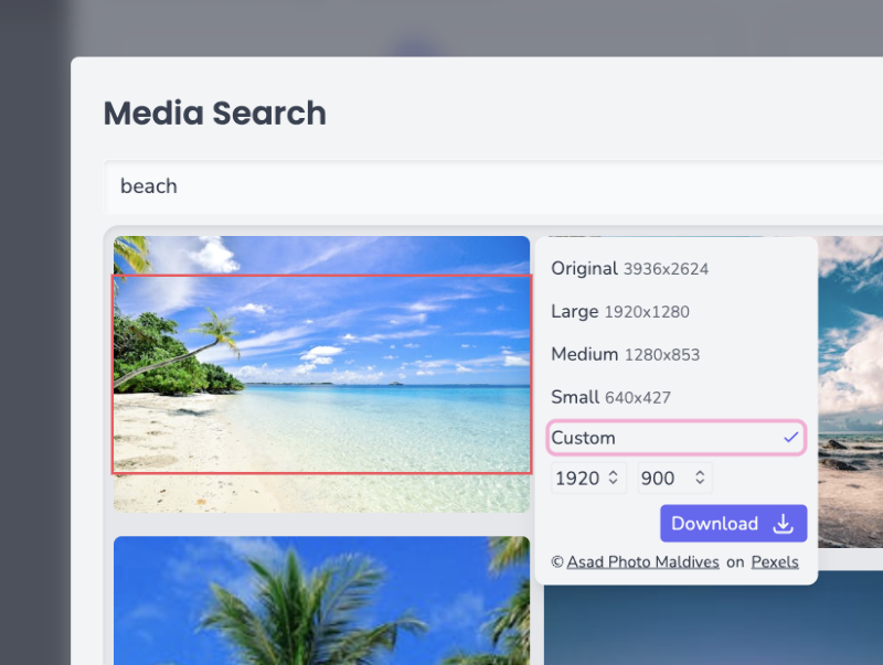 Application screenshot showing a list of beach image results. A selected image has a red crop box. A dropdown menu offers size options, with "Custom" selected (1920x900). A "Download" button appears below.