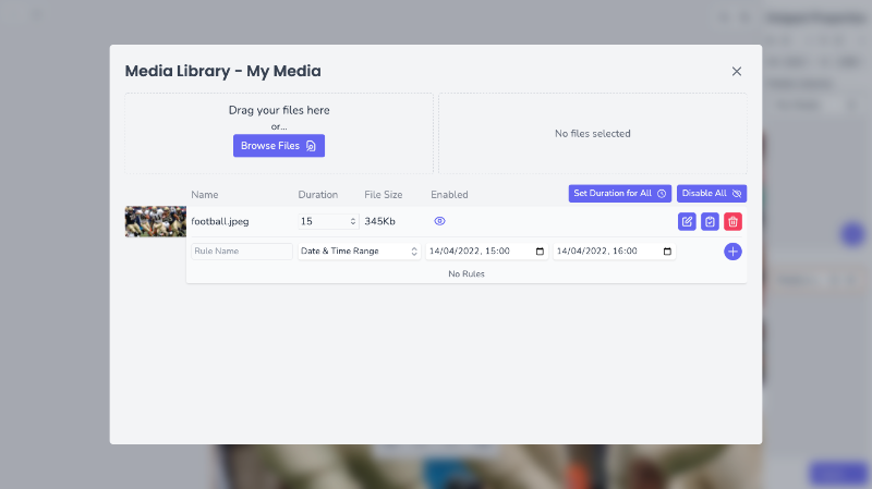Application screenshot with an open Media modal, showing an open Rules section
